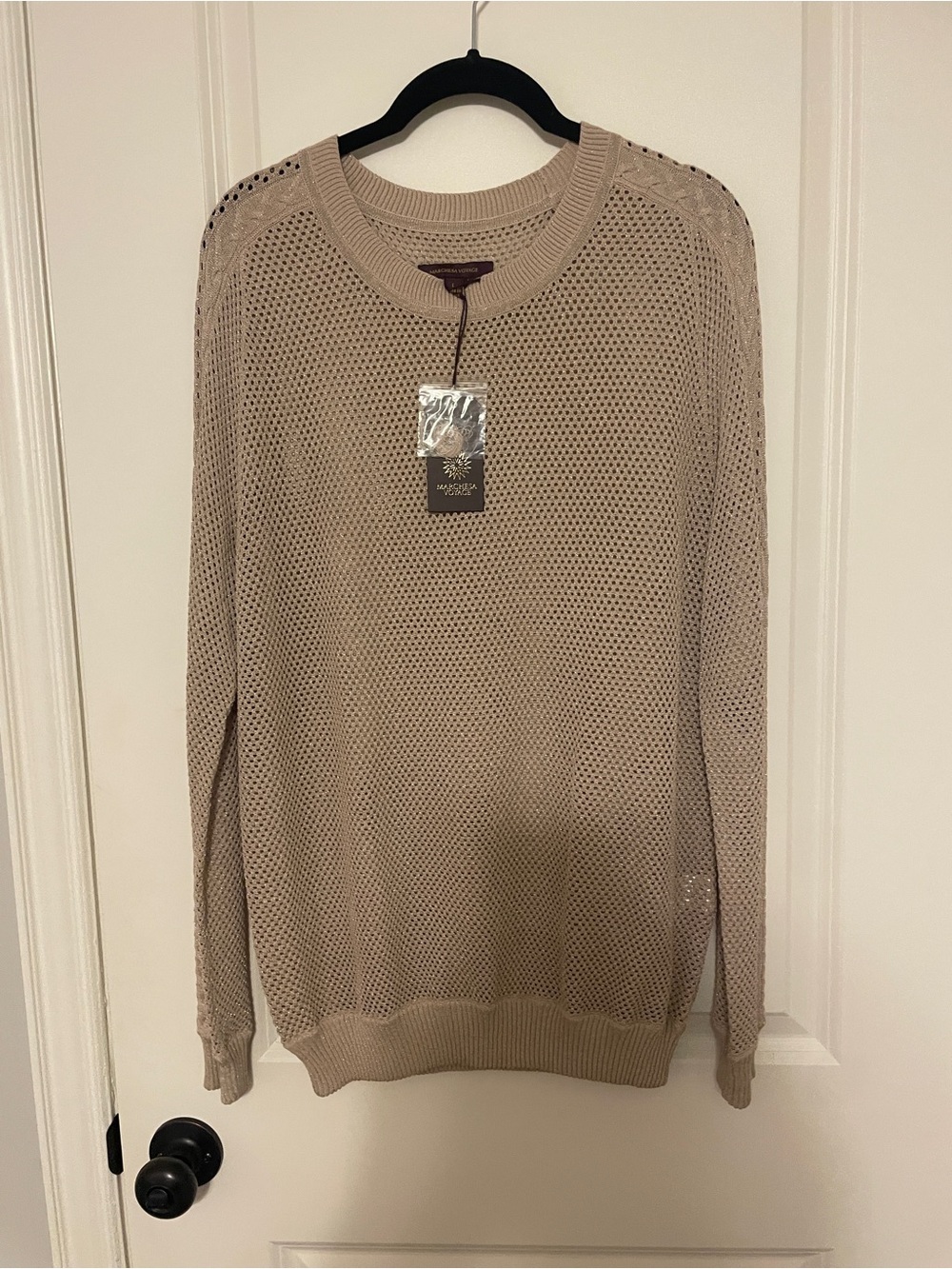 Marchesa Open-Knit Crewneck Sweater in Beige
